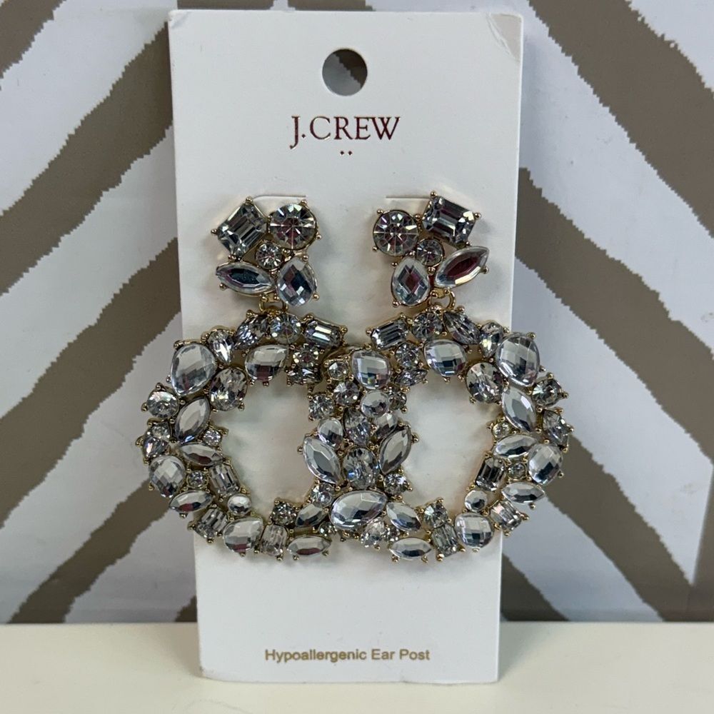NWT J Crew Clear Crystal & Gold Round Dangle Earrings